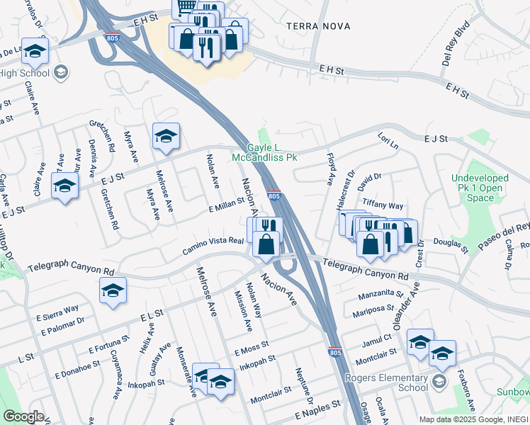map of restaurants, bars, coffee shops, grocery stores, and more near 808 Nacion Avenue in Chula Vista