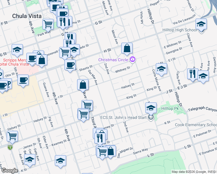 map of restaurants, bars, coffee shops, grocery stores, and more near 626 2nd Avenue in Chula Vista