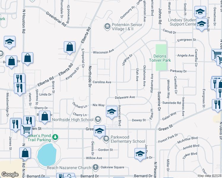 map of restaurants, bars, coffee shops, grocery stores, and more near 107 Arizona Avenue in Warner Robins