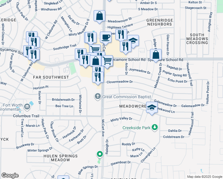 map of restaurants, bars, coffee shops, grocery stores, and more near 3309 Forest Creek Drive in Fort Worth