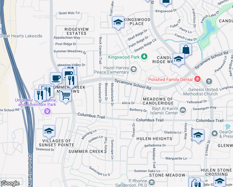 map of restaurants, bars, coffee shops, grocery stores, and more near 7708 Greengage Drive in Fort Worth