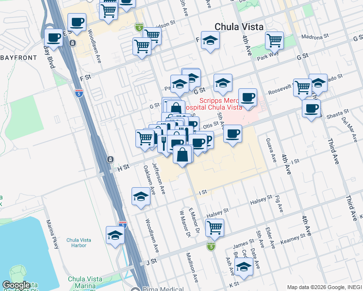 map of restaurants, bars, coffee shops, grocery stores, and more near 595 H Street in Chula Vista