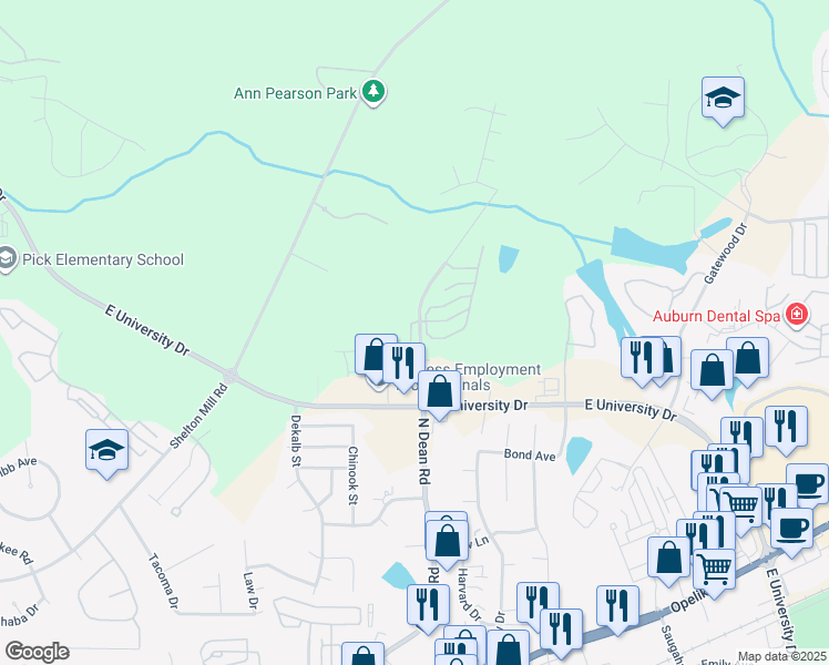 map of restaurants, bars, coffee shops, grocery stores, and more near 1273 North Dean Road in Auburn