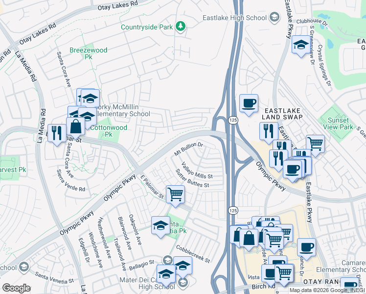 map of restaurants, bars, coffee shops, grocery stores, and more near 1325 Escalon Place in Chula Vista