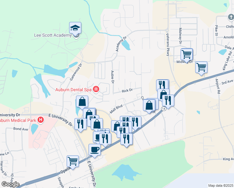 map of restaurants, bars, coffee shops, grocery stores, and more near 1950 Rick Drive in Auburn