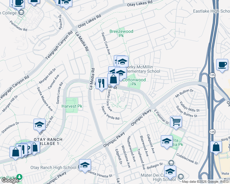 map of restaurants, bars, coffee shops, grocery stores, and more near 1760 East Palomar Street in Chula Vista