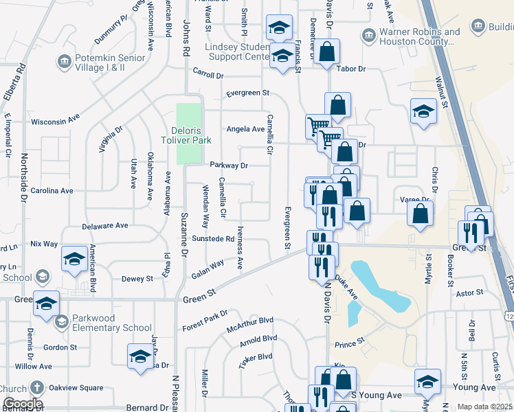 map of restaurants, bars, coffee shops, grocery stores, and more near 103 Iverness Avenue in Warner Robins
