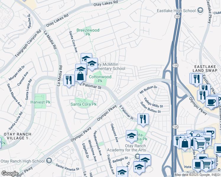 map of restaurants, bars, coffee shops, grocery stores, and more near 1290 Santa Rosa Drive in Chula Vista