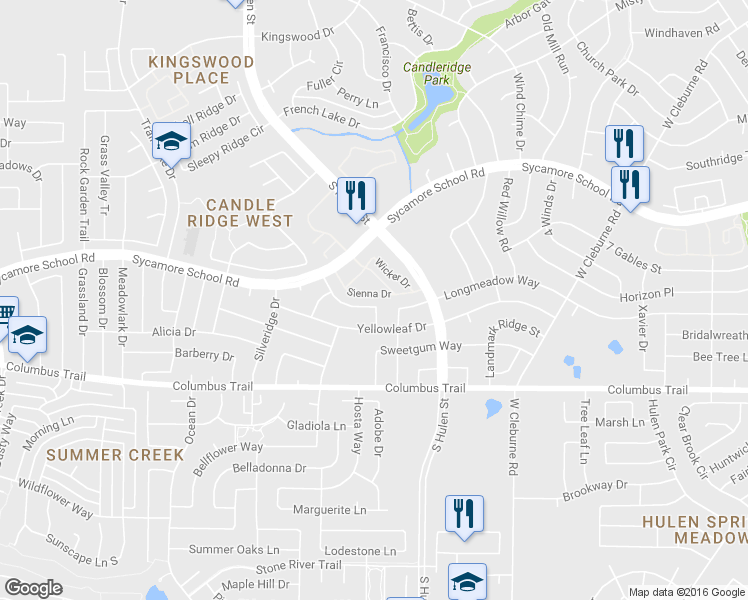 map of restaurants, bars, coffee shops, grocery stores, and more near 7613 Pear Tree Lane in Fort Worth