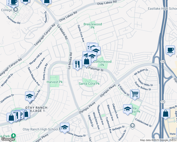 map of restaurants, bars, coffee shops, grocery stores, and more near 1760 East Palomar Street in Chula Vista