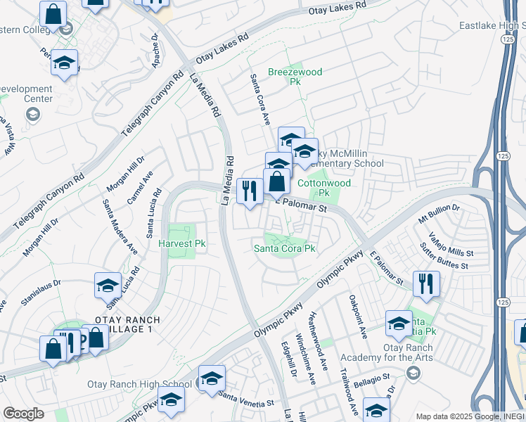 map of restaurants, bars, coffee shops, grocery stores, and more near 1250 Santa Cora Avenue in Chula Vista