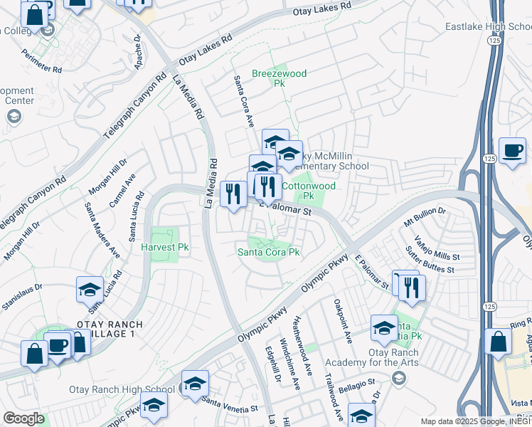 map of restaurants, bars, coffee shops, grocery stores, and more near 1241 Santa Cora Avenue in Chula Vista
