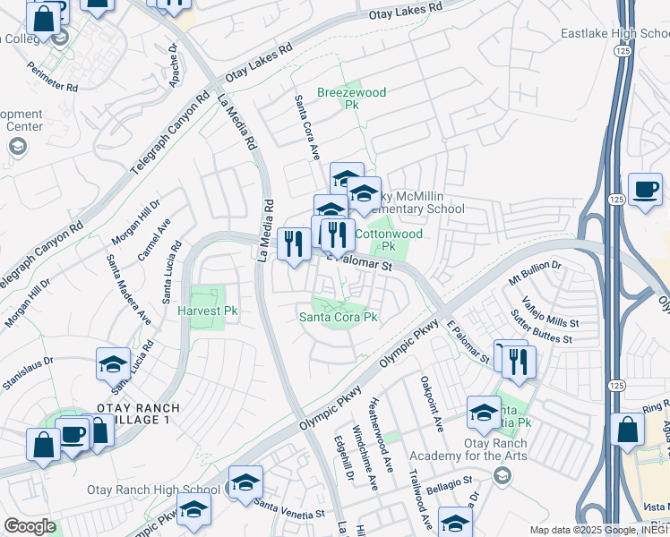 map of restaurants, bars, coffee shops, grocery stores, and more near 1760 East Palomar Street in Chula Vista