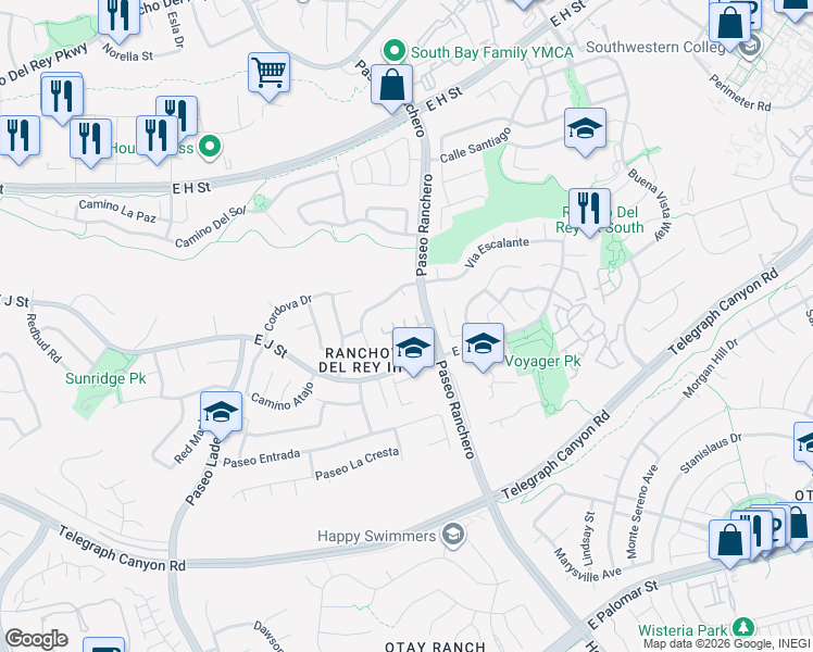 map of restaurants, bars, coffee shops, grocery stores, and more near 1066 Hayuco Plaza in Chula Vista
