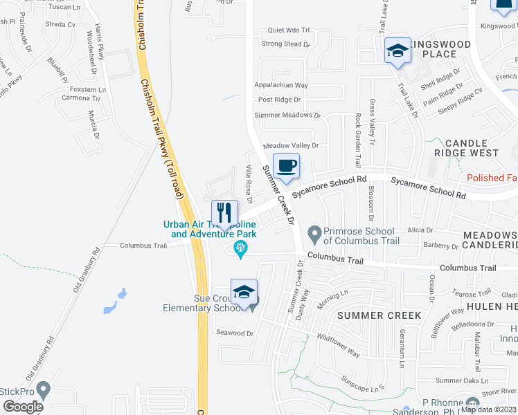 map of restaurants, bars, coffee shops, grocery stores, and more near 5346 Sycamore School Road in Fort Worth
