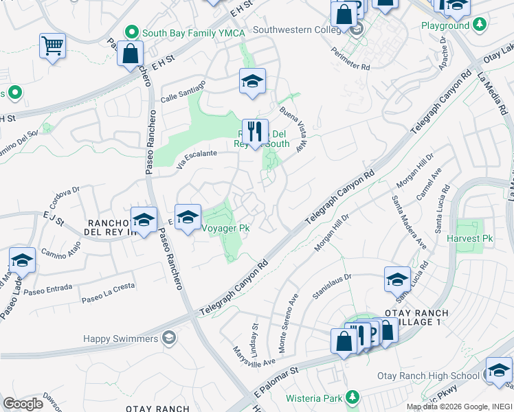 map of restaurants, bars, coffee shops, grocery stores, and more near 1237 Los Arcos Place in Chula Vista