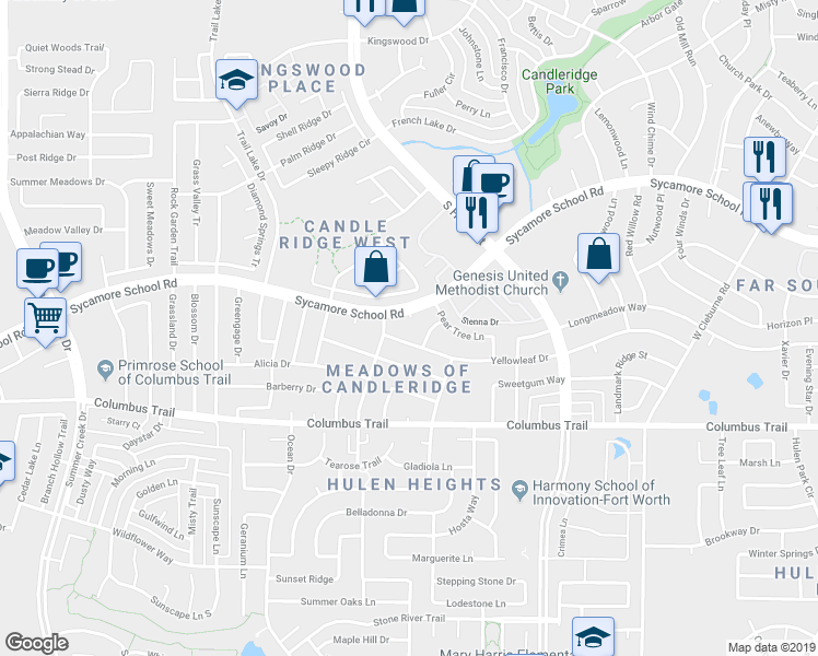 map of restaurants, bars, coffee shops, grocery stores, and more near 7556 Boxwood Court in Fort Worth