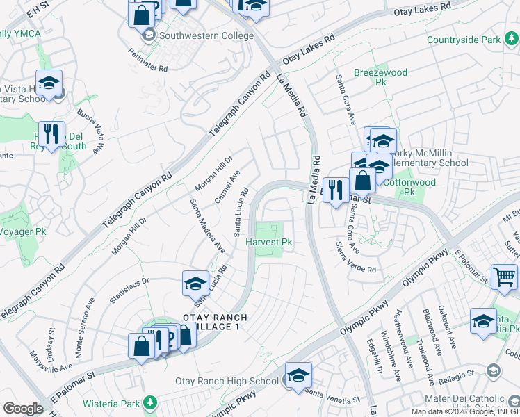 map of restaurants, bars, coffee shops, grocery stores, and more near 1554-1558 Pleasanton Road in Chula Vista