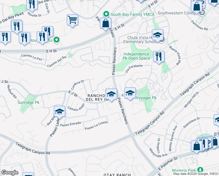 map of restaurants, bars, coffee shops, grocery stores, and more near 1066 Hayuco Plaza in Chula Vista