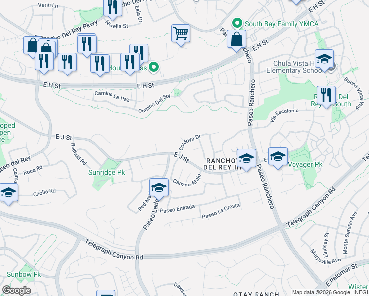 map of restaurants, bars, coffee shops, grocery stores, and more near 1005 East J Street in Chula Vista