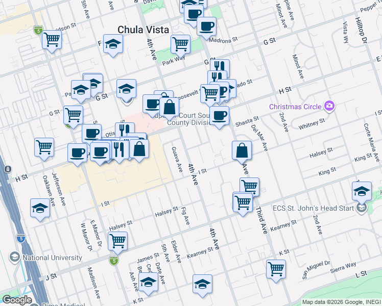 map of restaurants, bars, coffee shops, grocery stores, and more near 572 Glover Avenue in Chula Vista