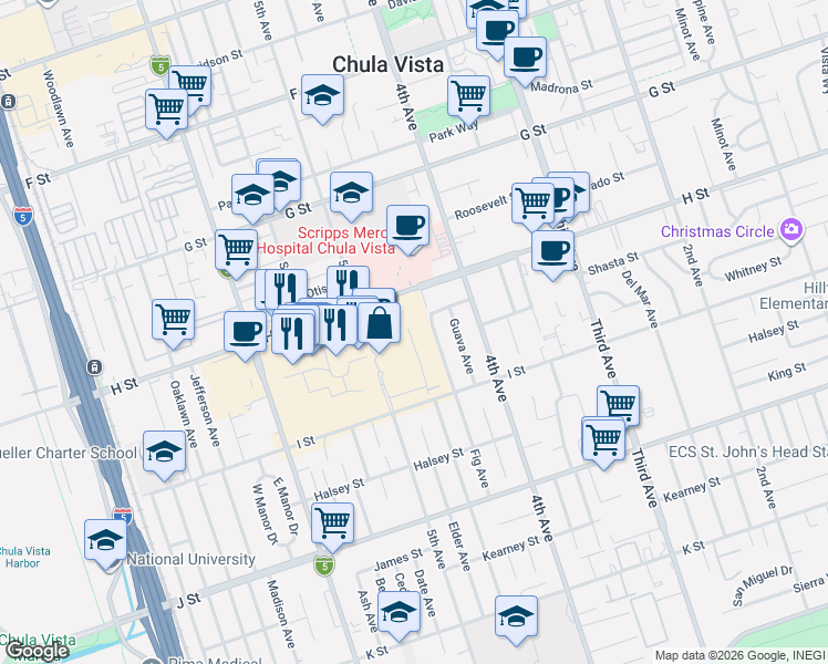 map of restaurants, bars, coffee shops, grocery stores, and more near 548 Fig Avenue in Chula Vista