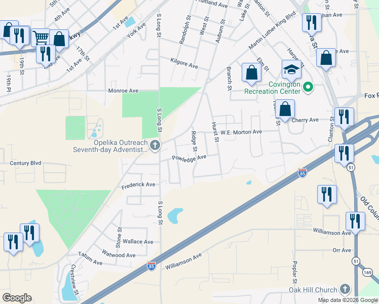 map of restaurants, bars, coffee shops, grocery stores, and more near 862-898 Powledge Avenue in Opelika