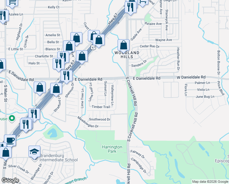 map of restaurants, bars, coffee shops, grocery stores, and more near 1526 Valleyview Lane in Duncanville