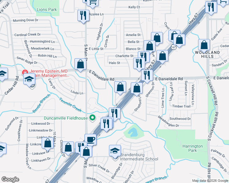 map of restaurants, bars, coffee shops, grocery stores, and more near 1607 Sunset Village Drive in Duncanville