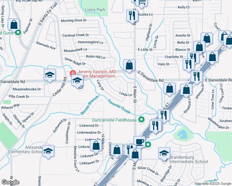 map of restaurants, bars, coffee shops, grocery stores, and more near 206 Linda Lane in Duncanville