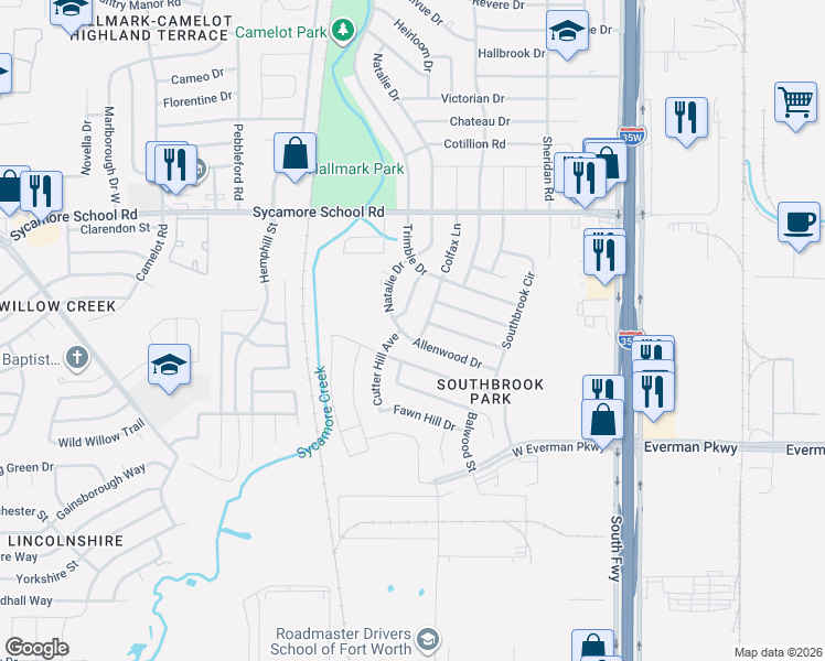 map of restaurants, bars, coffee shops, grocery stores, and more near 8101 Cutter Hill Avenue in Fort Worth