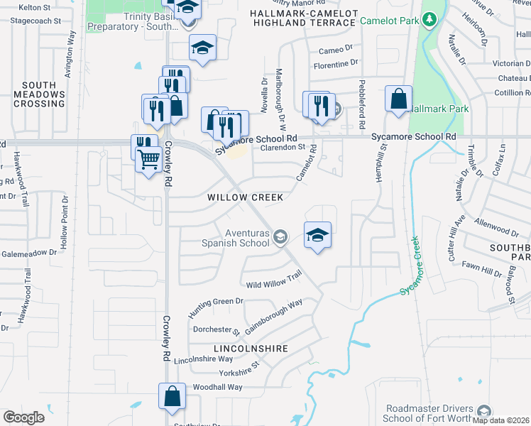 map of restaurants, bars, coffee shops, grocery stores, and more near 8141 Camelot Road in Fort Worth