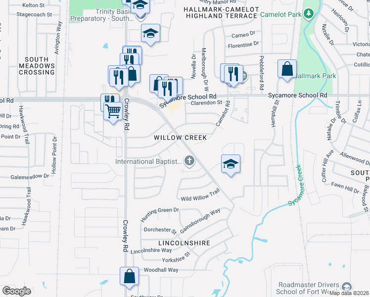 map of restaurants, bars, coffee shops, grocery stores, and more near 8212 Willow Glen Court in Fort Worth