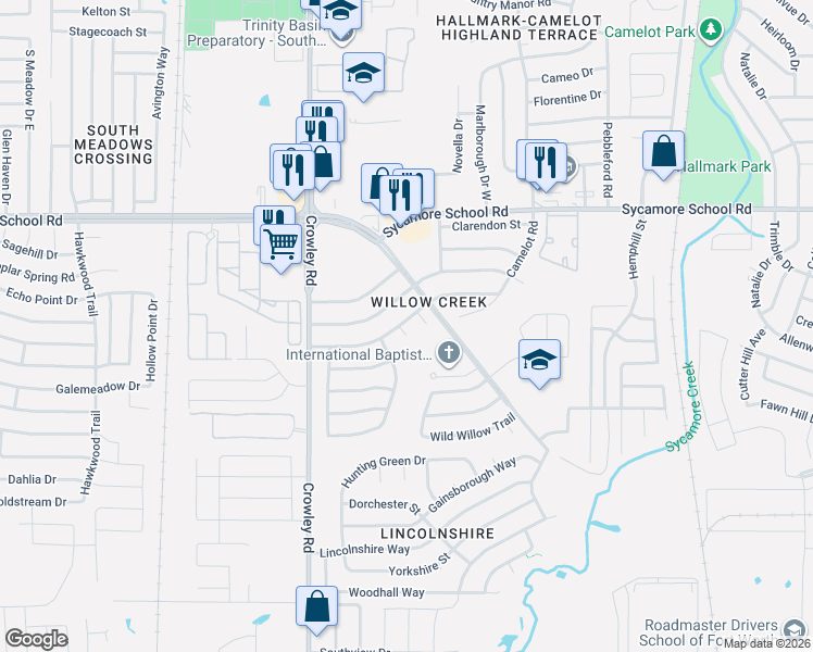 map of restaurants, bars, coffee shops, grocery stores, and more near 8212 Willow Glen Court in Fort Worth