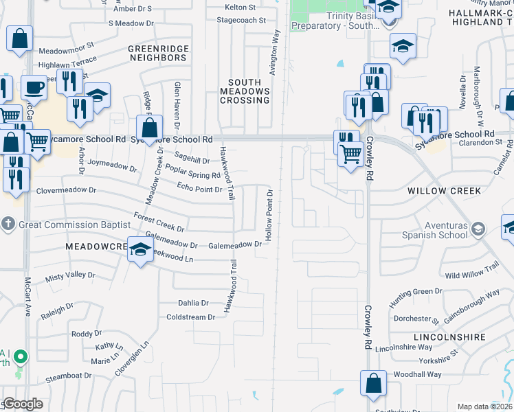 map of restaurants, bars, coffee shops, grocery stores, and more near 7636 Rainbow Creek Drive in Fort Worth