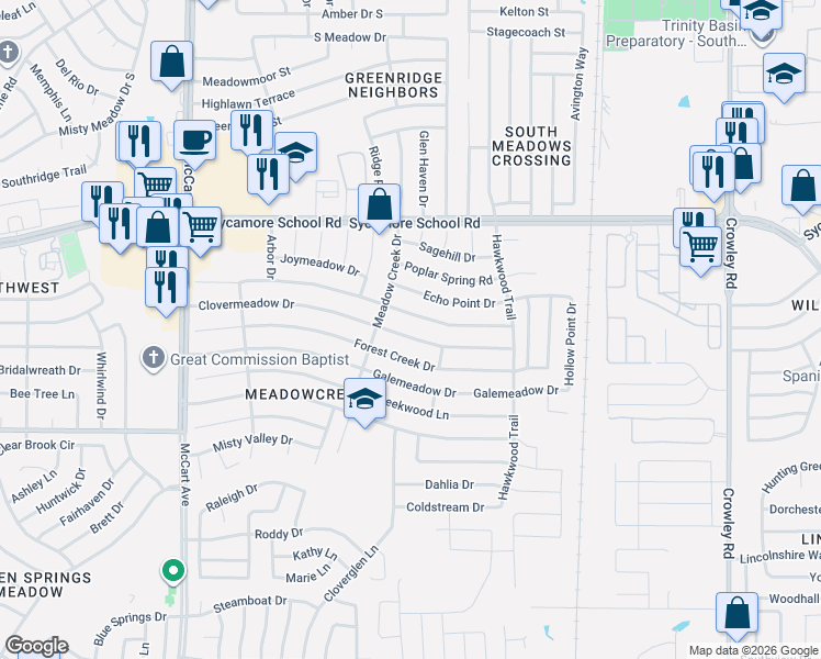 map of restaurants, bars, coffee shops, grocery stores, and more near 2616 Clovermeadow Drive in Fort Worth