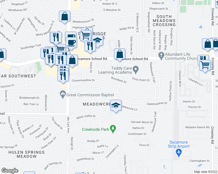 map of restaurants, bars, coffee shops, grocery stores, and more near 2900 Forest Creek Drive in Fort Worth