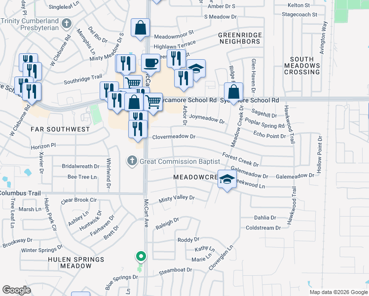 map of restaurants, bars, coffee shops, grocery stores, and more near 3112 Galemeadow Drive in Fort Worth