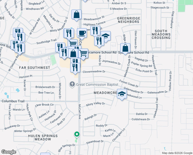 map of restaurants, bars, coffee shops, grocery stores, and more near 3112 Galemeadow Drive in Fort Worth