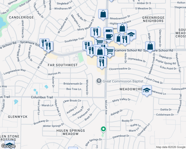 map of restaurants, bars, coffee shops, grocery stores, and more near 7612 Val Verde Drive in Fort Worth