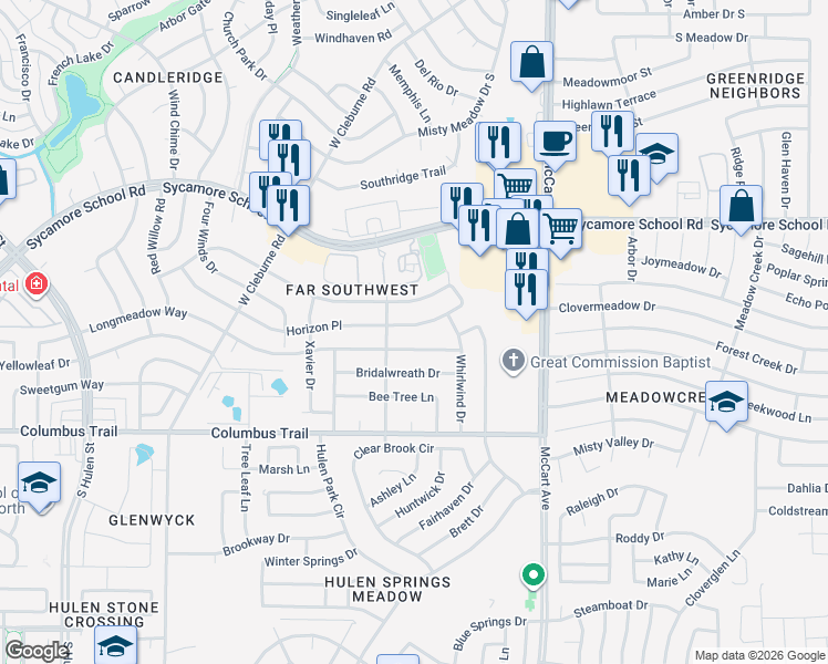 map of restaurants, bars, coffee shops, grocery stores, and more near 3744 Longmeadow Way in Fort Worth