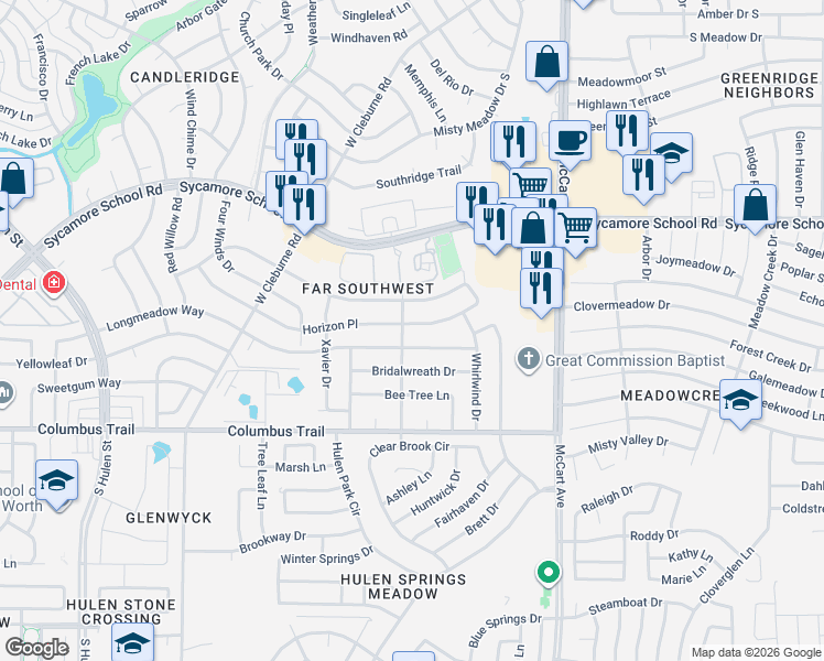map of restaurants, bars, coffee shops, grocery stores, and more near 3744 Longmeadow Way in Fort Worth