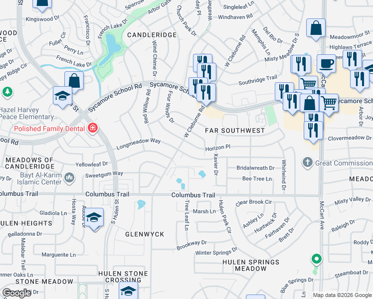 map of restaurants, bars, coffee shops, grocery stores, and more near 3944 Longmeadow Way in Fort Worth