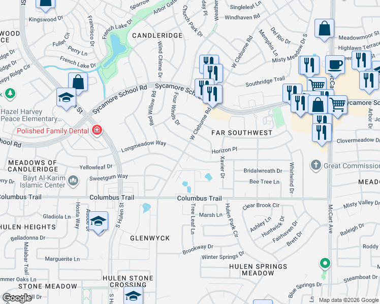 map of restaurants, bars, coffee shops, grocery stores, and more near 3944 Longmeadow Way in Fort Worth