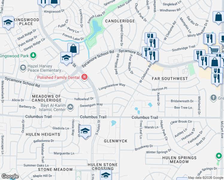 map of restaurants, bars, coffee shops, grocery stores, and more near 4216 Yellowleaf Drive in Fort Worth