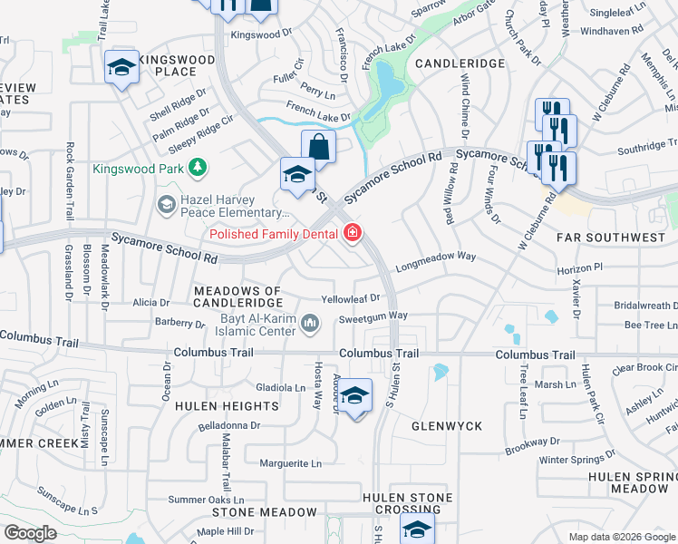 map of restaurants, bars, coffee shops, grocery stores, and more near 7613 Pear Tree Lane in Fort Worth
