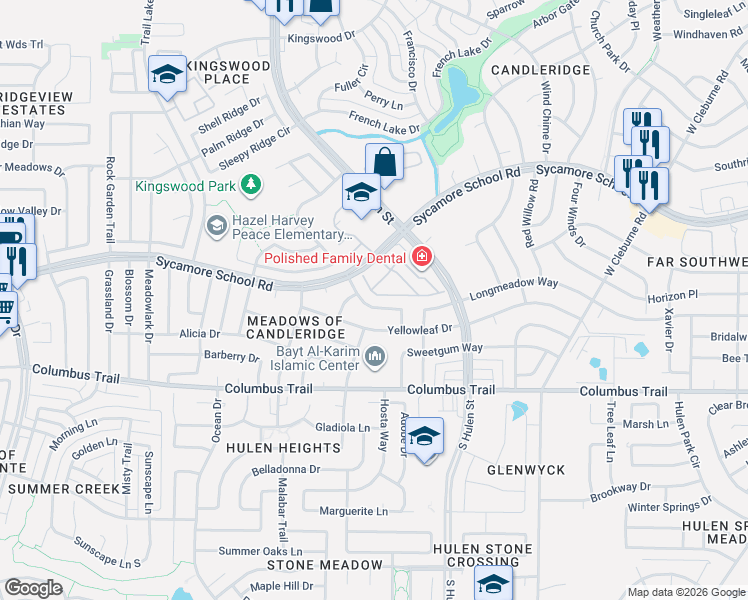 map of restaurants, bars, coffee shops, grocery stores, and more near 7520 Pear Tree Lane in Fort Worth