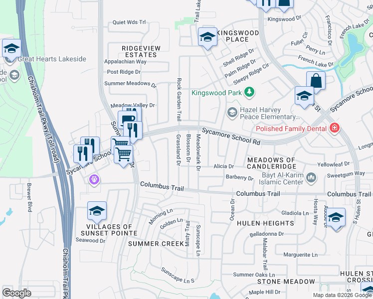 map of restaurants, bars, coffee shops, grocery stores, and more near 7720 Blossom Drive in Fort Worth
