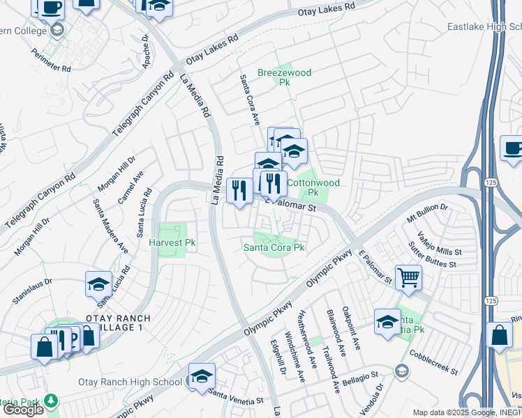 map of restaurants, bars, coffee shops, grocery stores, and more near 1241 Santa Cora Avenue in Chula Vista