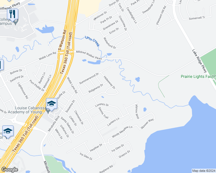 map of restaurants, bars, coffee shops, grocery stores, and more near 5812 Weathered Trail in Grand Prairie
